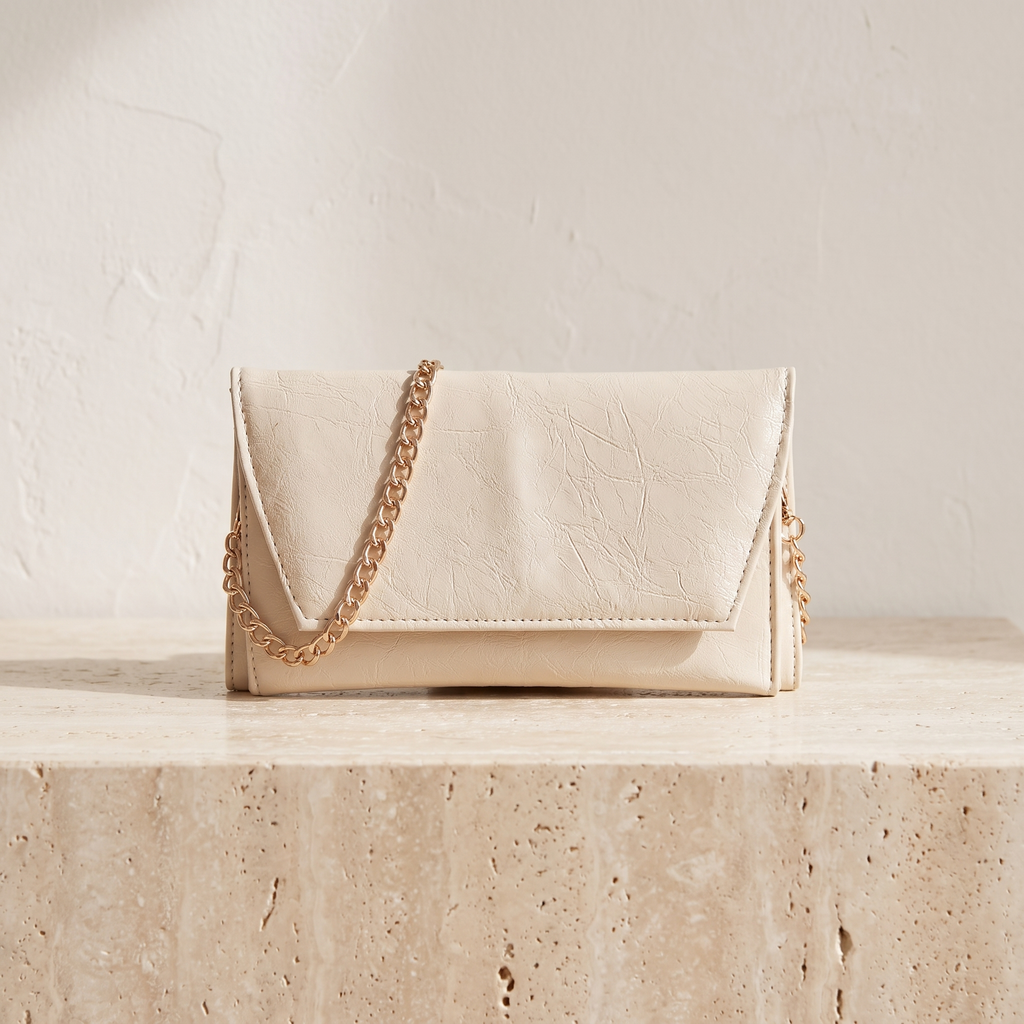 Astra krem zarf clutch — travertin zeminde önden görünüm